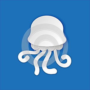 Paper cut  jellyfish vector isolated illustration on blue background. Vector sea wildlife. Diving concept, deep blue marine life